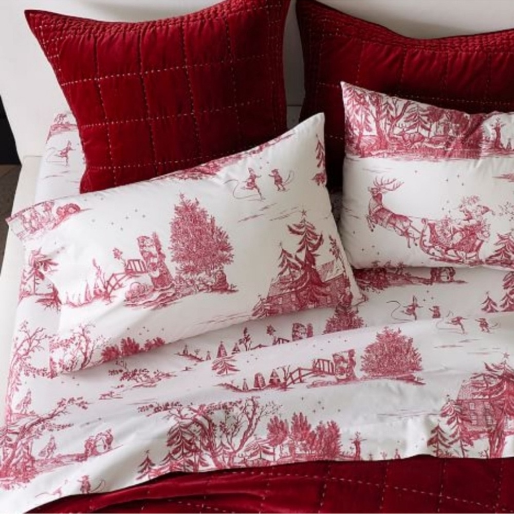 2 Pottery Barn Santa Toile King Pillowcase Set Bundle NEW RARE